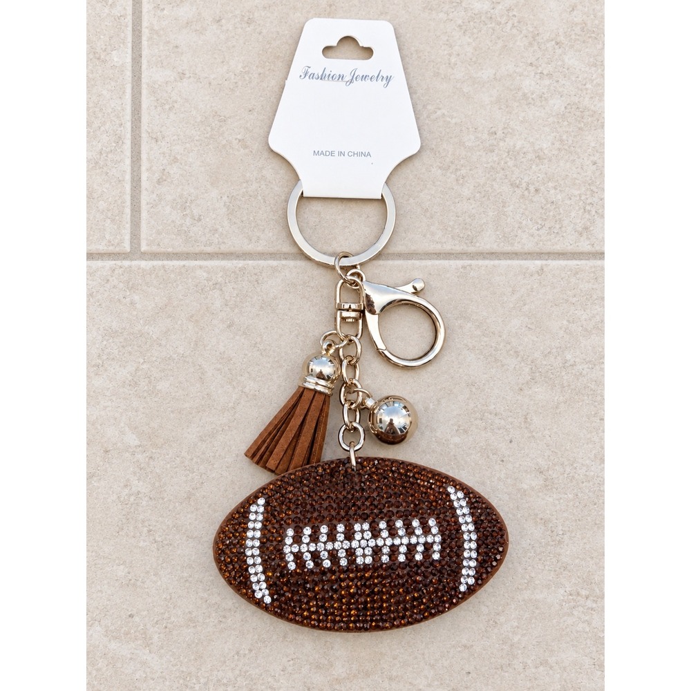 Football Brown Rhinestone Keychain Tassel Gold Tone Bag Charm Sports Accessory